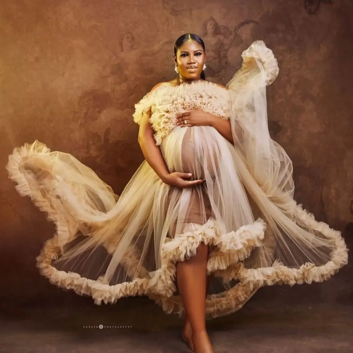 

Elegant Maternity Dress Strapless High Low Vestidos Babyshower Robes Simple Off Shoulder Ruffles Pregnant Women Gowns