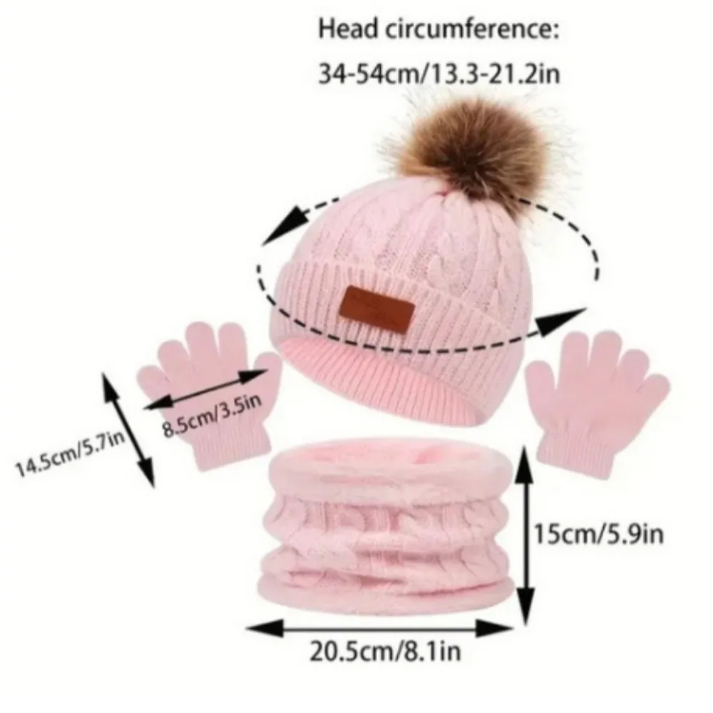 3pcs/set Solid Color Baby Hat Scarf Gloves Set Cute Pompom Warmer Knitted Hats Comfortable Kids Hat Set Autumn Winter