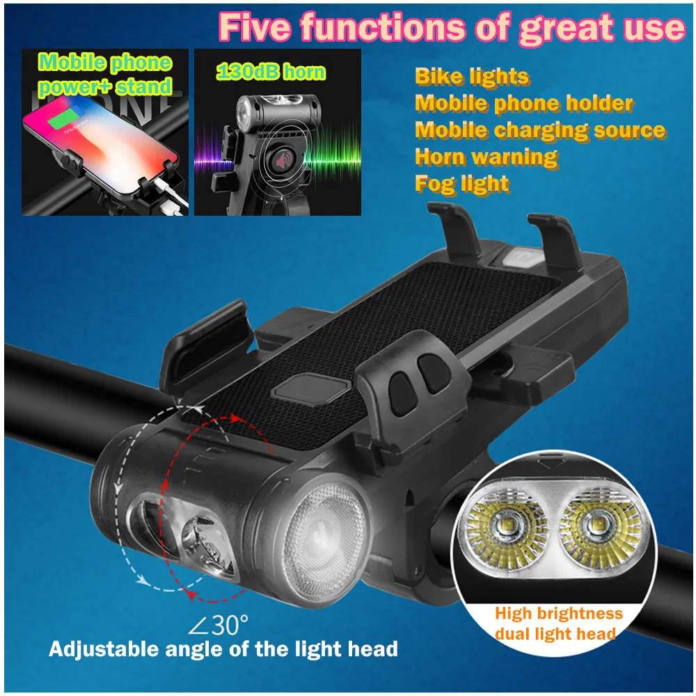 

Bicycle Mountain Bike Accessories Light Front Headlight Bell Horn Phone Holder Mobile Power Rechargeable LED Flashlight Lights