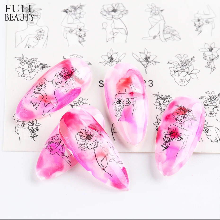 Nail Decals Nail Stickers Nail Art Decoration Abstract Lady Face Nail Decals Water Black Leaf Sliders Paper Nail Art Decor Gel Polish Sticker Manicure Foils
