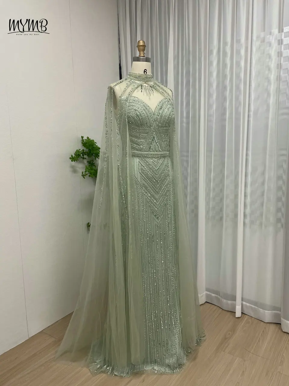MYMB Muslim High Neck Mermaid Mint Abend Party Kleider für Frauen Promi Wunderschönes Dubai Cape Ärmel Perlen Promi Kleid – Detail 8