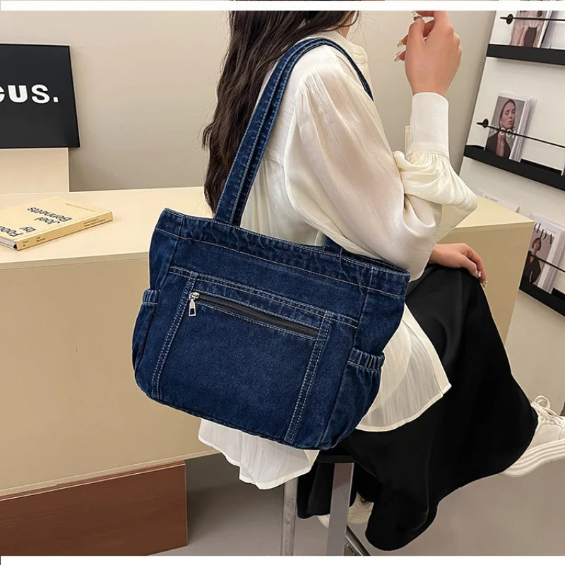 Women's Denim Tote Bag New Solid Color Large Capacity Casual Book Bag Fashion Single Shoulder Handbag Commuter Bag