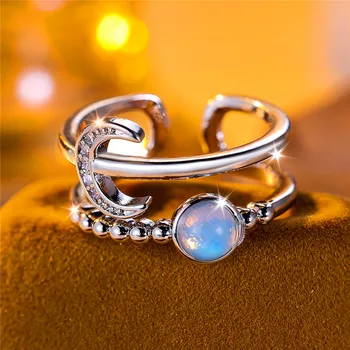 Cute Female Round Moonstone Adjustable Ring Silver Color Open Wedding Jewelry For Women