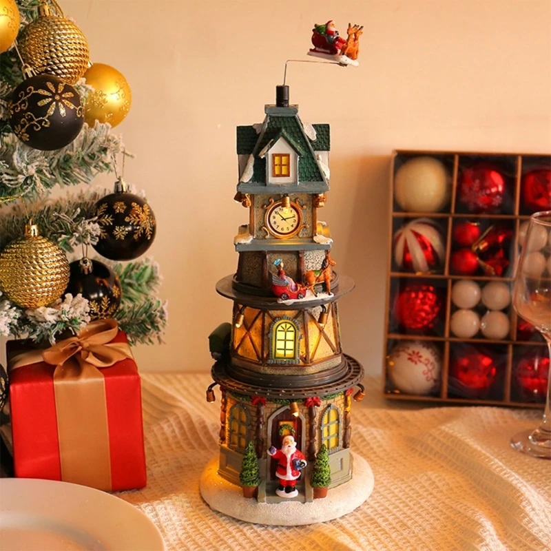 

Unique Rotatable Music Box Village House Figurine with Led Light Music Decor Rotatable Birthday Holiday Party Present