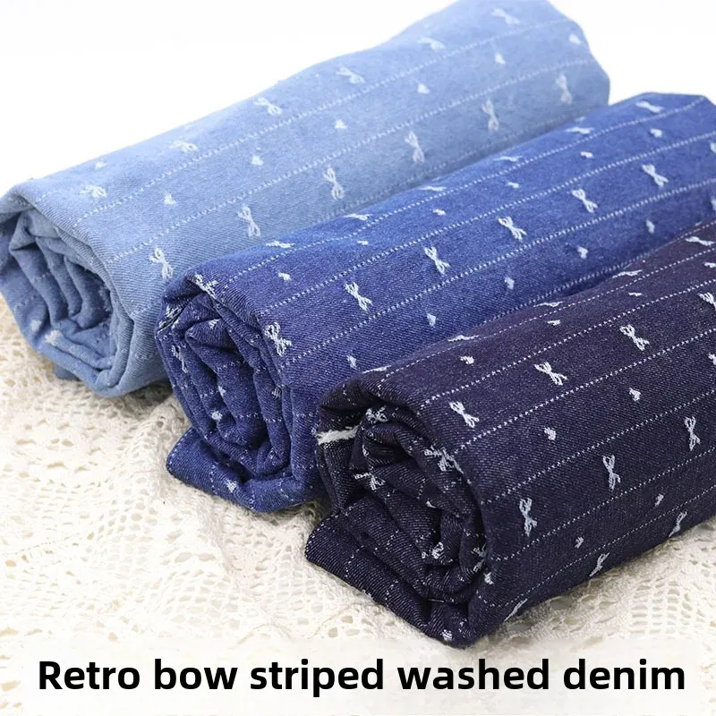 Retro Striped Embroidered Butterfly Knot Washed Denim Fabric Clothing Material Jeans Jacket Bag Fabric Chinese Brand AE Stock