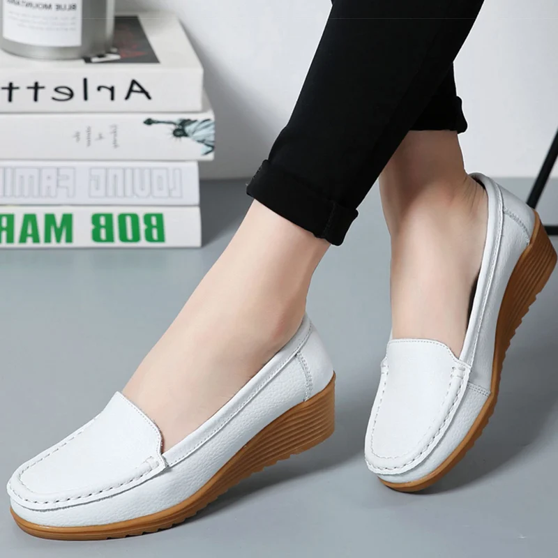Women Shoes 2023 New Leather Flat Shoes Slip On Women Loafers With Wedge Heels Casual Flats Zapatos Mujeres Moccasins Female