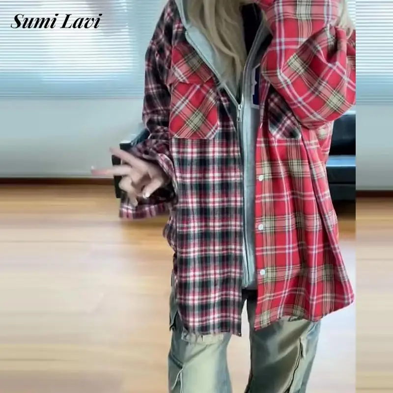 

Vintage Patchwork Shirt Coats Men Fall Long Sleeve Button-up Lapel Jackets Plaid Printed Mens Clothing Fashion Streetwear Jacket