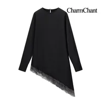 CharmChant Black Satin Asymmetrical Lace Long-Sleeve Shirt for Women Y2k Harajuku Fashion Elegant Sleeveless Shirt Blouse Female