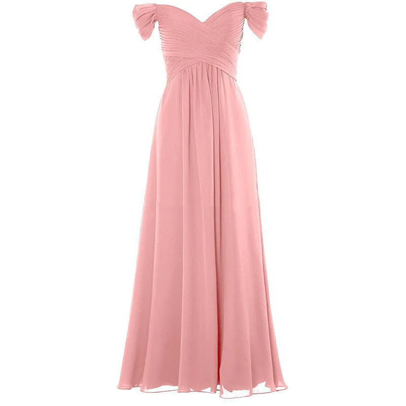 A Line Chiffon Elegant Boat Neck Pleat Flowers Off Shoulder Evening Bridesmaid Dresses Wedding Party Formal Prom Zipper Back
