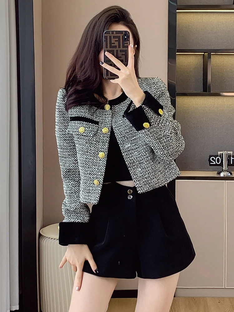 

French Autumn Winter Small Fragrance Tweed Two Piece Set Women Houndstooth Crop Jacket Coat + Shorts Vintage Suits