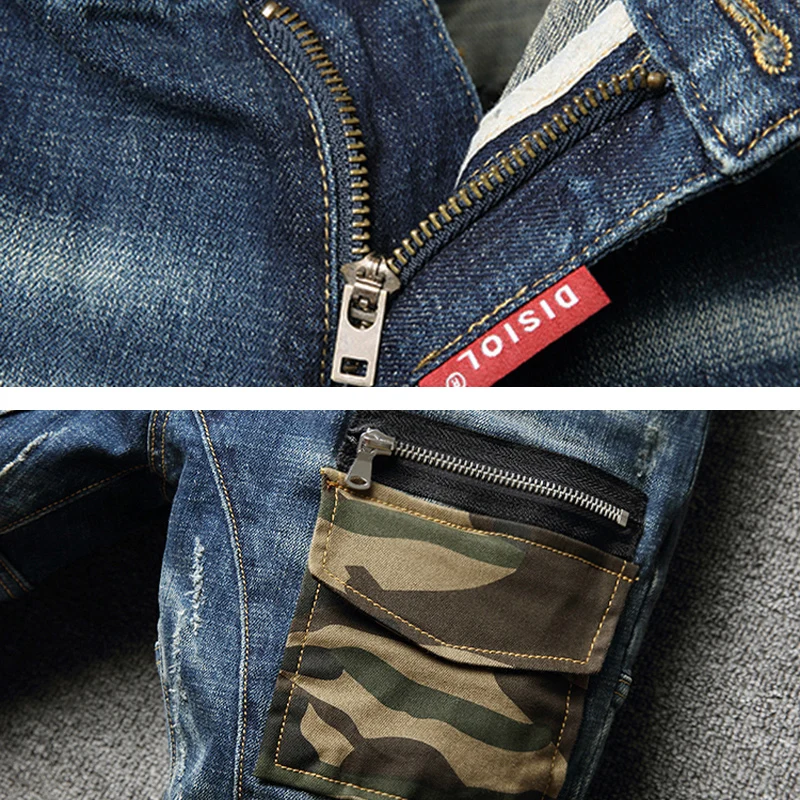 Fashion Designer Men Jeans Retro Blue Spliced Designer Ripped Jeans Men Streetwear Camouflage Pocket Hip Hop Denim Pants Hombre