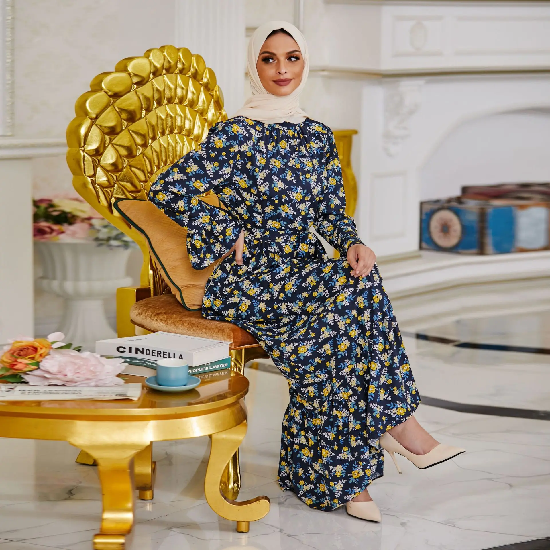 

Muslim Women Abayas Printed with Sashes Spring Summer Long Dress Arabic Muslim Saudi Women Robe Eid Al-Adha Prayer Clothes