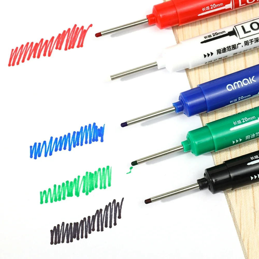 20-5Pcs 20mm Deep Hole Marker Pen for Metal Carpenter Long Nib Markers Pens for Woodworking Tools Waterproof Long Head Markers