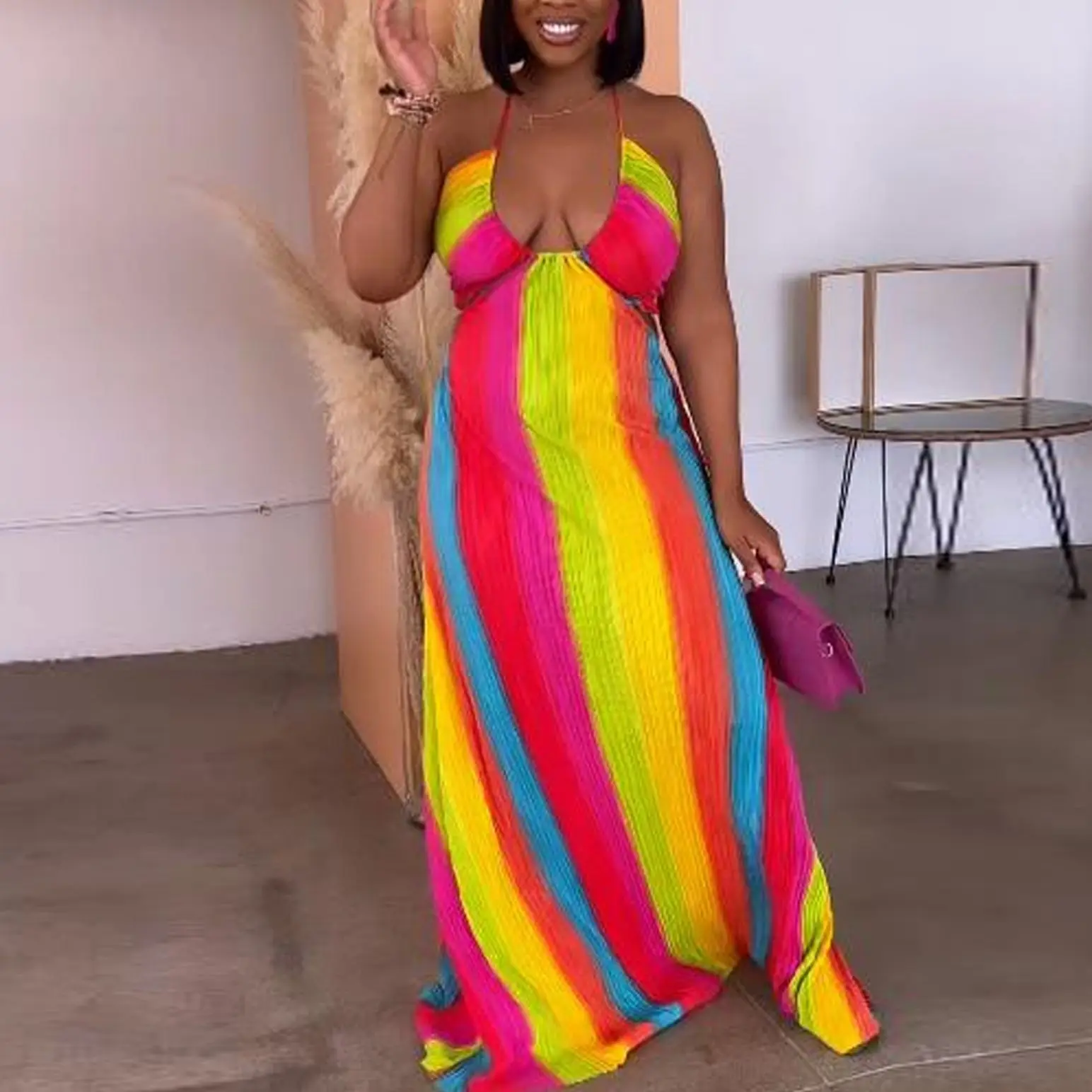 Plus Size Rainbow Print Dress Women Halter Loose Elegant Pretty Cloth Female Casual Long Robe New In 2023 Summer Party Dress