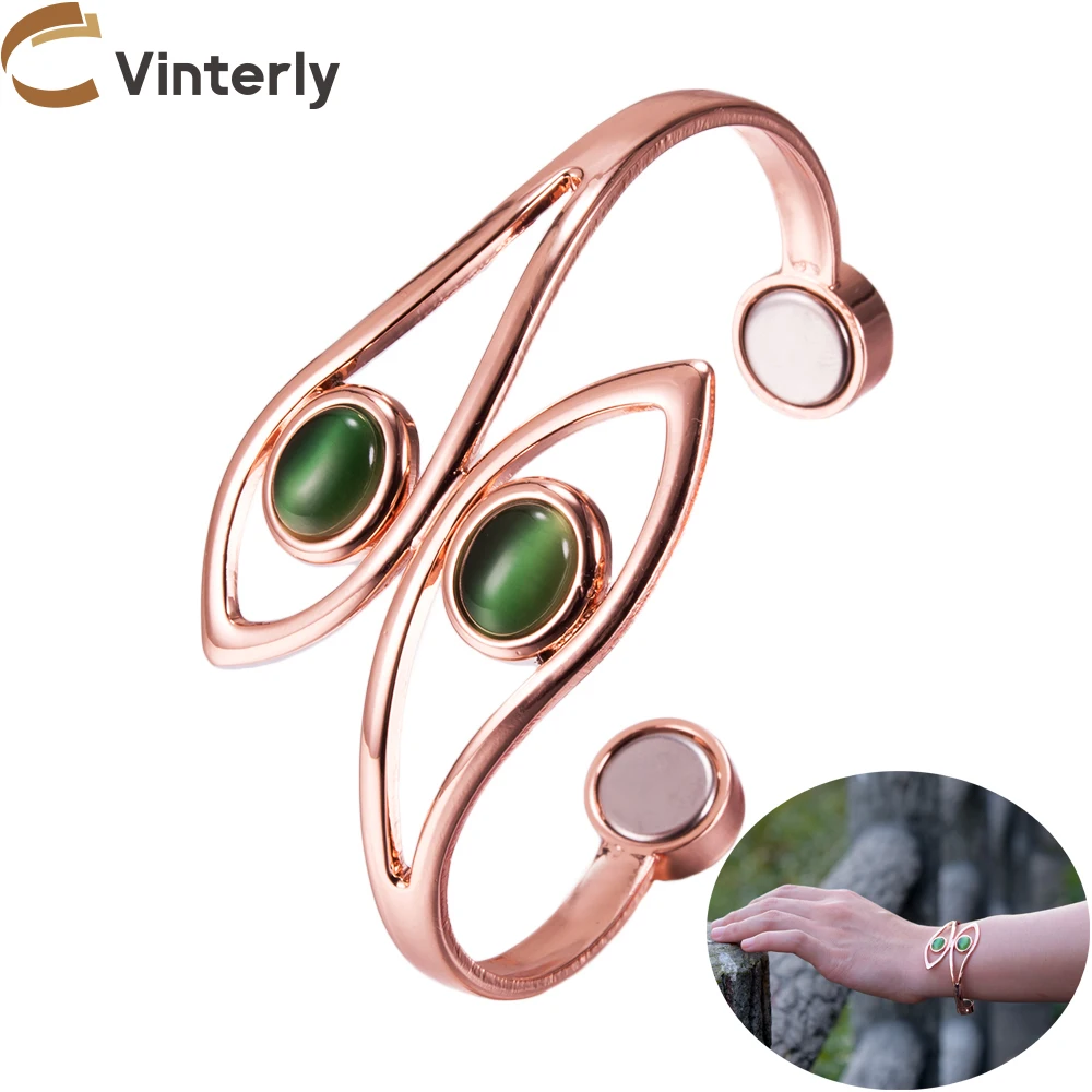 Pure Copper Bracelets Female Magnetic Dolphin Green Stone Adjustable Cuff Bangles for Women