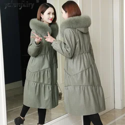 Winter Genuine Leather Down Jacket Women Fox Fur Collar Hooded Korean Natural Sheepskin Coats Fashion Veste Cuir R820205 KJ6276