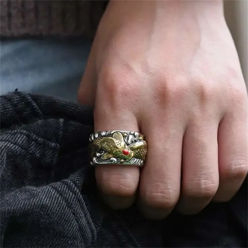 Lucky Brocaded Karpfen Ring Männer Schmuck Neue Ankunft Retro Goldene Fisch Ring Männlichen Zeigefinger Zubehör Offene Größe – Detail 9