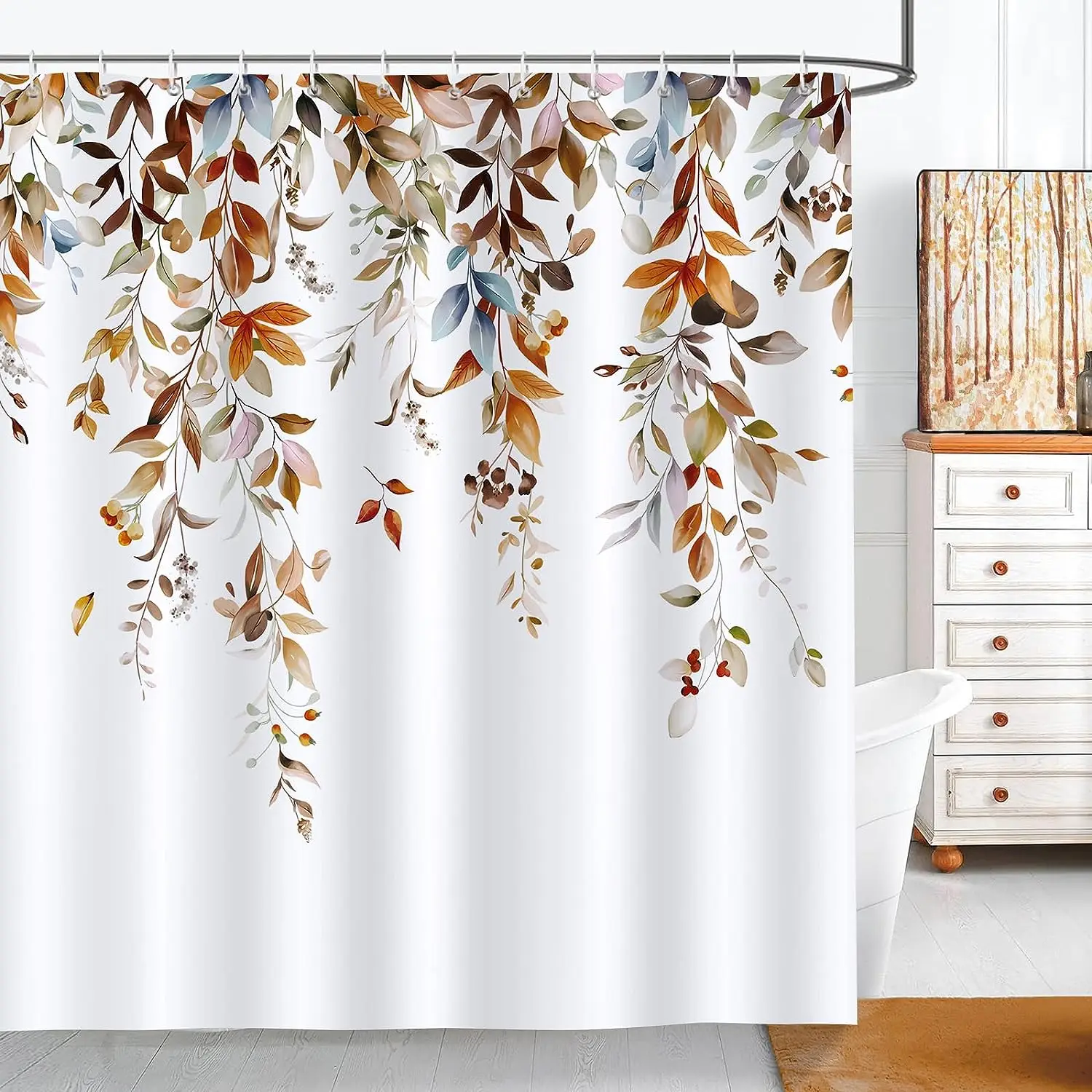 Shower Curtains Leaves Shower Curtains Bright Tan Palm Leaf Floral Pumpkin Fall Bath Curtain Set Polyester Fabric Home Bathroom Decor with Hooks