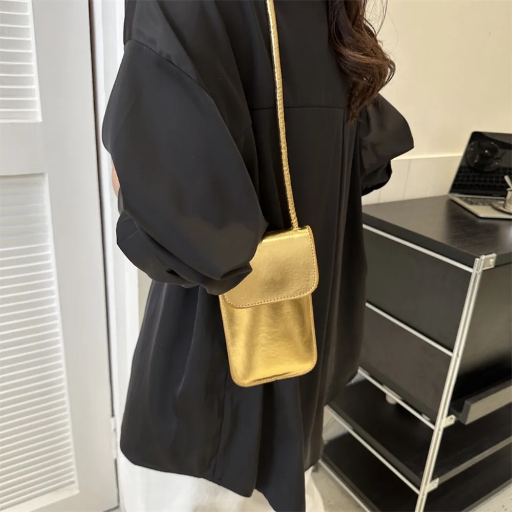 

Y2K PU Leather Coin Purse Causal Solid Color Phone Bag Crossbody Shoulder Bag Silver Messenger Bag PU Wallet Girl