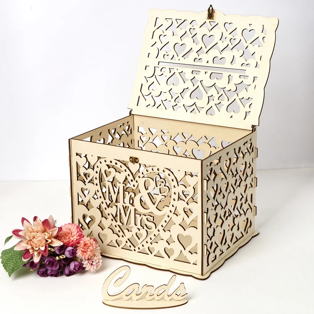 Wooden Gift Card Boxes Wedding Place Cards Wooden Wedding Card Box Wedding Decoration Supplies DIY Mr&Mrs Couple Flower Pattern Envelope Sign Cards Wood Box