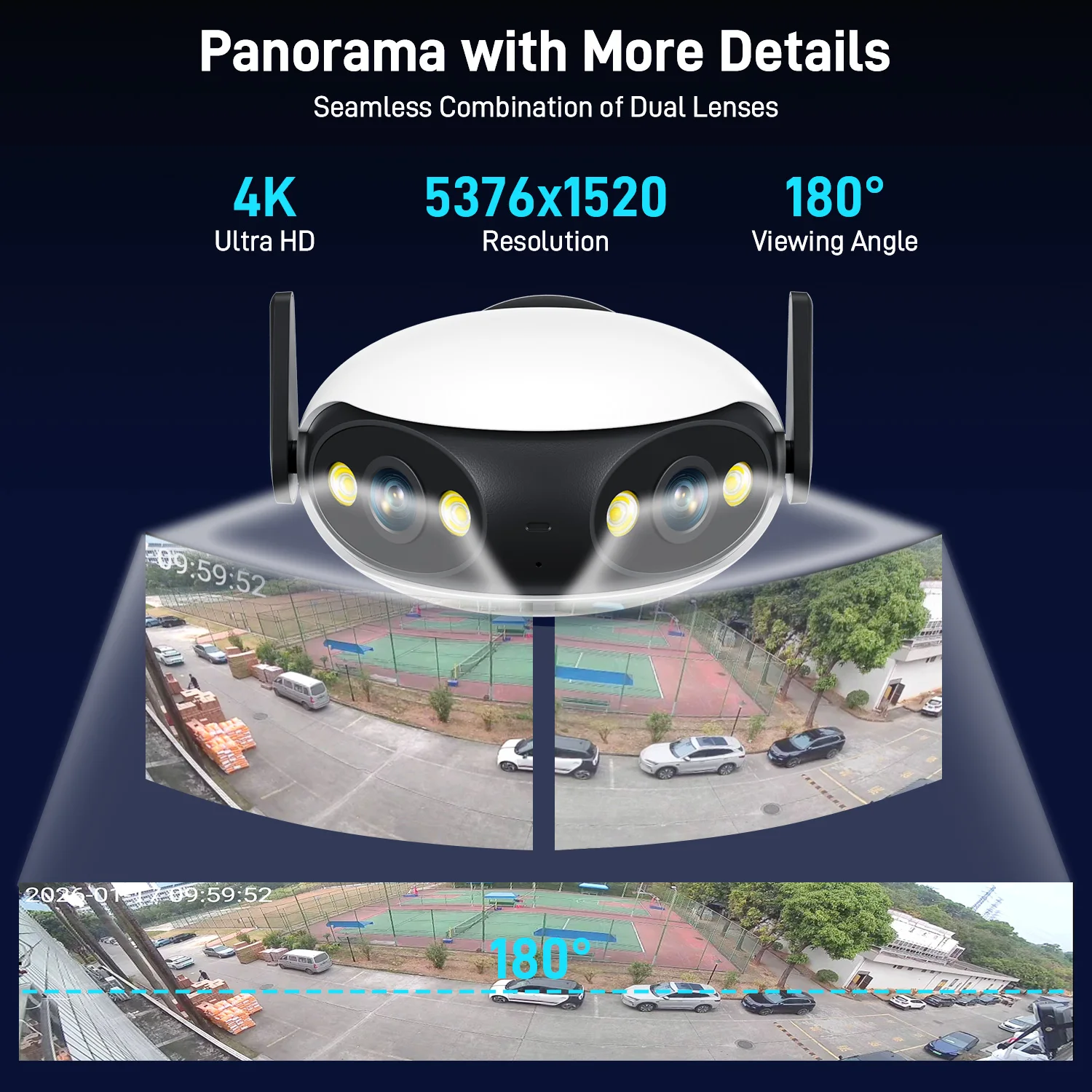 4K 8MP Security Camera Outdoor WiFi Dual Lens Video Surveillance Smart Home 180° Wide Angle Panoramic View Webcam USB Port Power 4