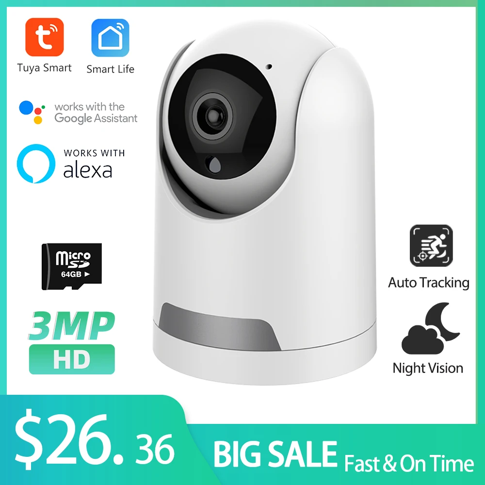 

Tuya 3MP HD WiFi PTZ Camera Wireless IP Camera Security Protection Home Indoor Video Camera Auto Tracking Alexa Google IP Camera