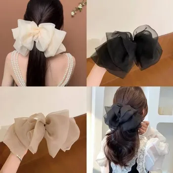1 clip a molla in chiffon, fermaglio per capelli con fiocco grande, nuovo accessorio per capelli a forma di nuvola per la parte posteriore della testa di donna a coda di cavallo