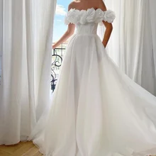 

Wedding Dress Party Dresses White Elegant Long Off Shoulder 3D Flowers Tulle A-Line Formal Occasion Wedding Gown Vestido De Gala