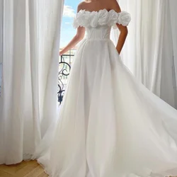 Wedding Dress Party Dresses White Elegant Long Off Shoulder 3D Flowers Tulle A-Line Formal Occasion Wedding Gown Vestido De Gala