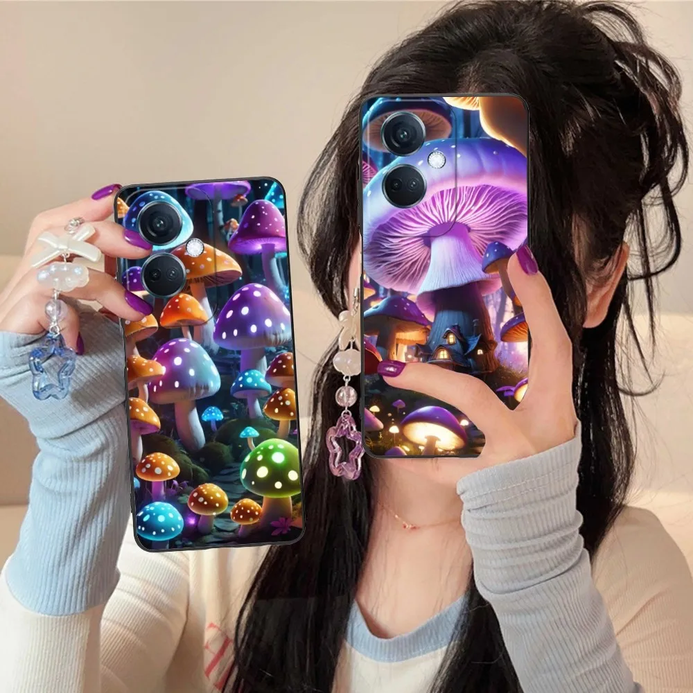 Cute Mushroom Mobile Cell Phone Case For Oppo Find X5 X3 X2 A93 Reno 8 7 Pro A74 A72 A53 Black Soft Phone Cover Funda