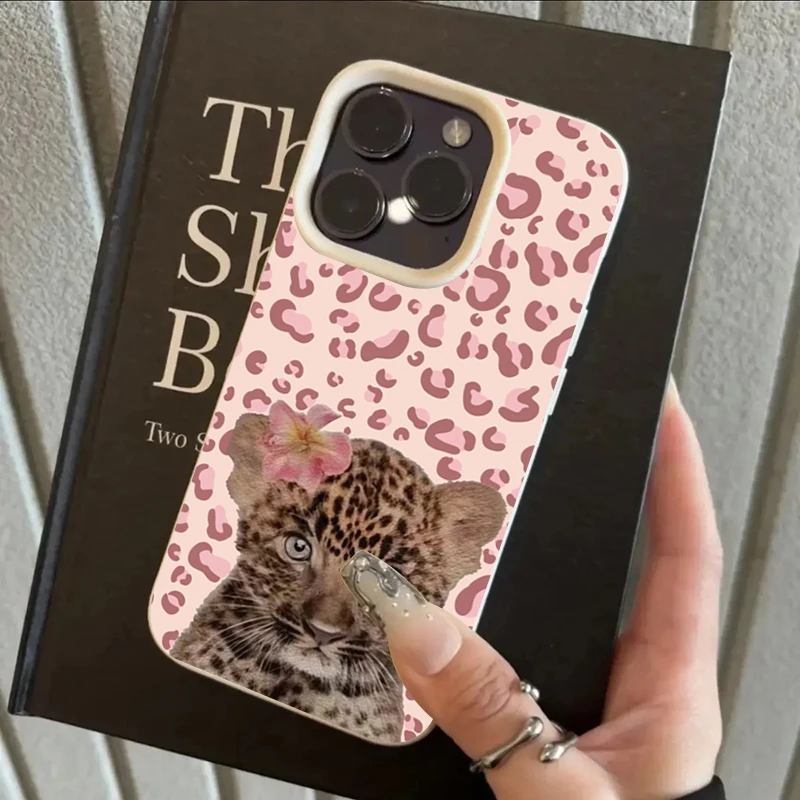 Pink Leopard Print Shockproof Phone Case with Cub Pattern