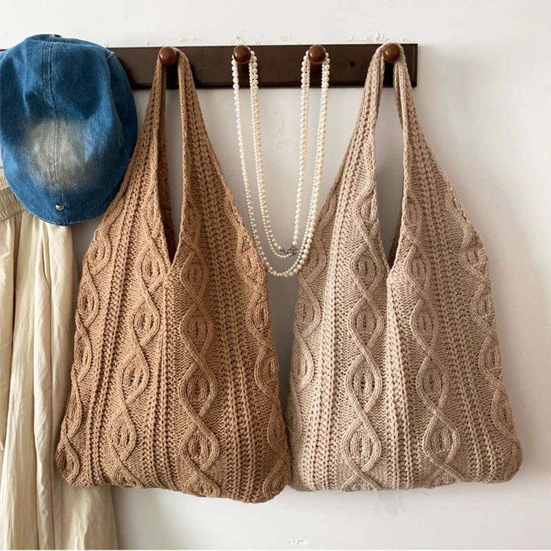 Women Crochet Shoulder Bag Large Capacity Solid Color Crochet Tote Bag Multifunctional Knitted Shopping Bag Casual Commuting Bag