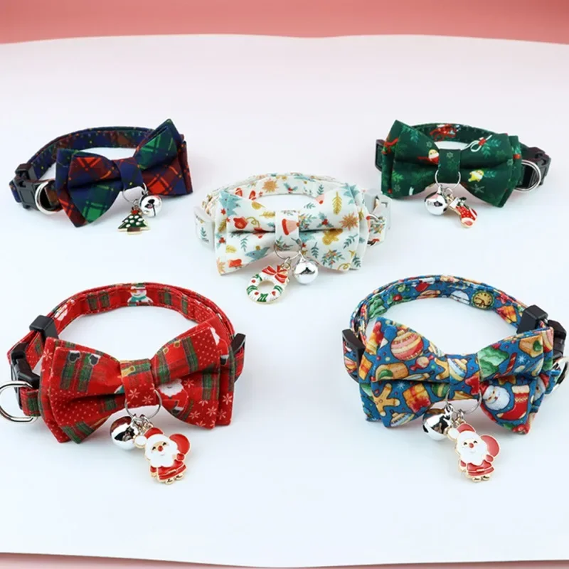 Christmas Bowknot Cat Dog Collar with Bell Adjustable Breakaway Pet Puppy Kitten Safety Buckle Bowtie 2026 New Year Gifts
