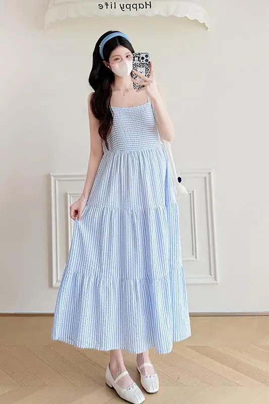Summer Fashion Maternity Dress Suits Blue Striped Strap Dress Tassel Hem Lace Cardigans Twinset Pregnant Woman Clothes Set Sweet