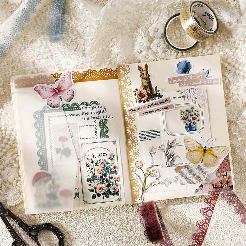 미스터페이퍼 12롤/박스 빈티지 레이스 PET 와시 테이프 세트, 저널 스크랩북 및 DIY 공예용 장식 레이스 테이프