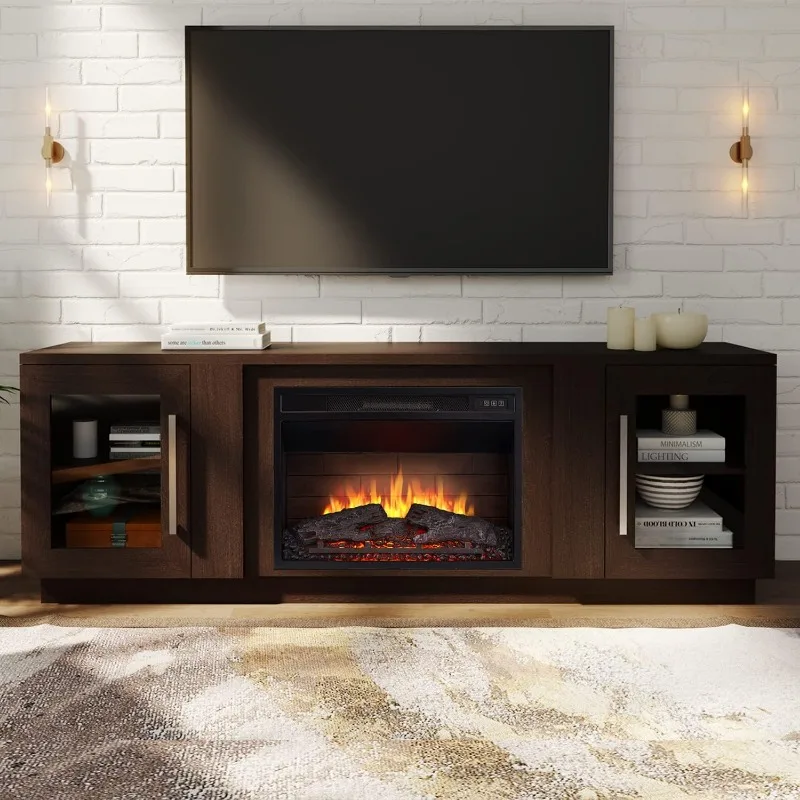 

3D Fireplace TV Stand for TVs up to 80’’, Wooden Media Entertainment Center Table & TV Cabinets w/Storage Shelves & Barn Door,