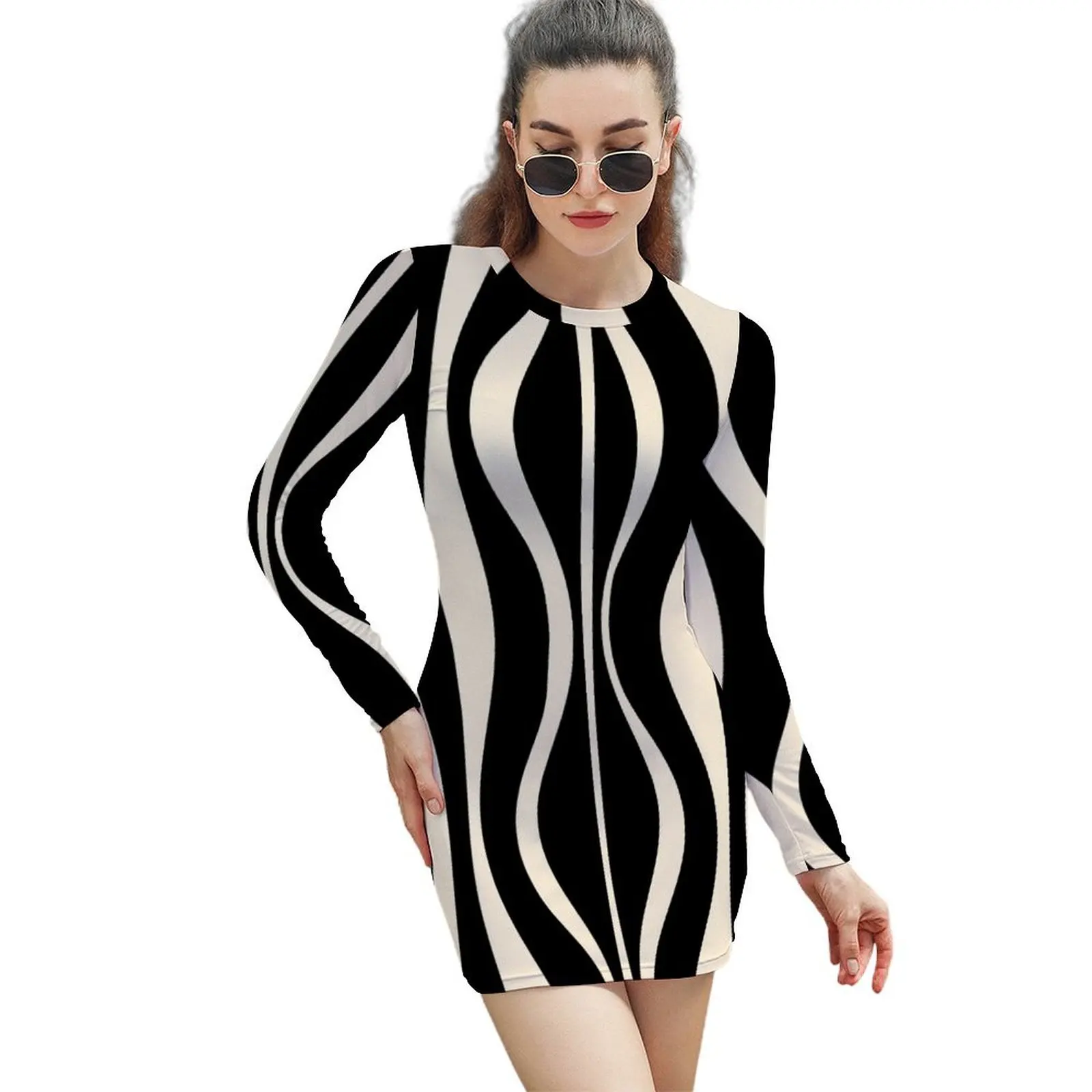 

Hourglass Abstract Midcentury Modern Retro Mod Pattern in Black and Almond Cream Long-Sleeved Sheath Dress beach dress