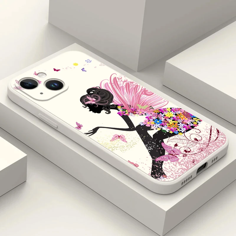 Custodia Per Telefono Per Iphone 14 13 12 11 Mini Pro Max 5 5S Se 2020 6 6S 7 8 Plus X 10 Xr Xs Cover Silcone Liquide Black Girl Butterfly