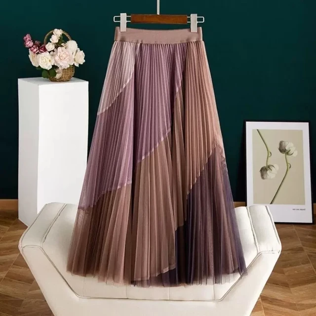 Elegant Brown Mesh Skirt For Women Elastic High Waist Lace Max Pleated  TutuTulle Gauze Skirt Jupe Longue - AliExpress