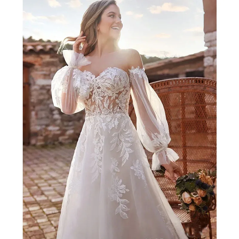 TIXLEAR Sexy Lace Appliques Bohmia Wedding Dresses With Long Detachable Puff Sleeves Off Shoulder A-Line Princess Bridal Gowns simple strapless long soft a line wedding dress detachable sleeves long train bridal bride princess marriage dresses gowns