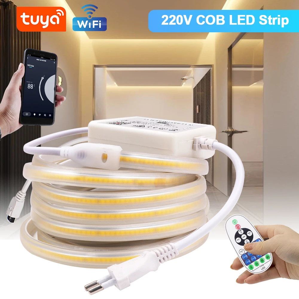 

Tuya WIFI Alexa Control AC 220V COB Strip IP65 Waterproof Bluetooth Dimmerable Home Decor Flexible Ribbon Stripe Chain LED Light