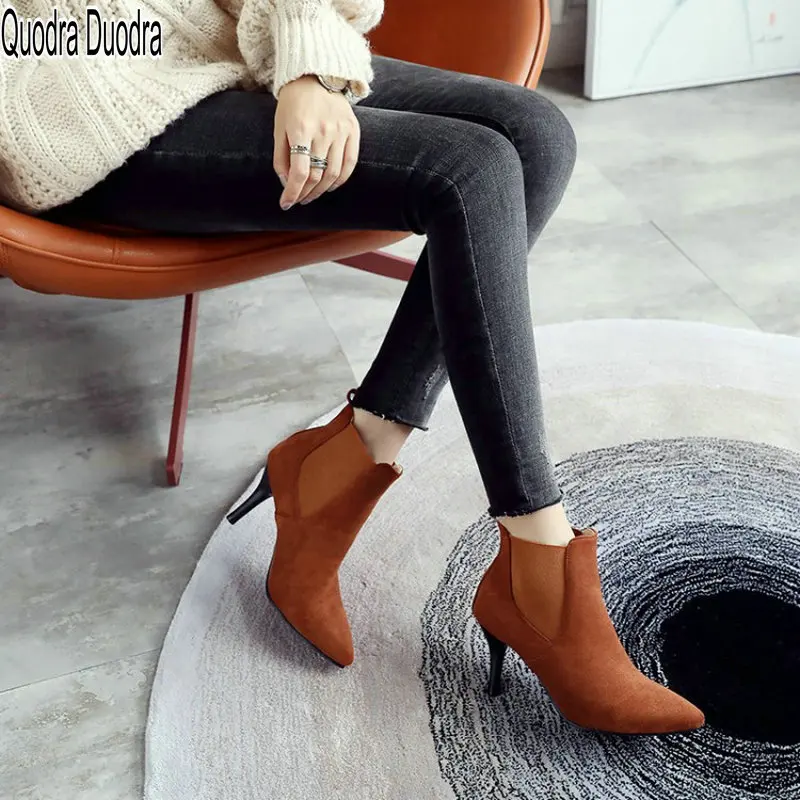 

New Women Shoes Ankle Boots Thin High Heels Fashion Short Plush Winter Pointed Toe Plus Size 48 33 Wine Red Print Lady Slippers