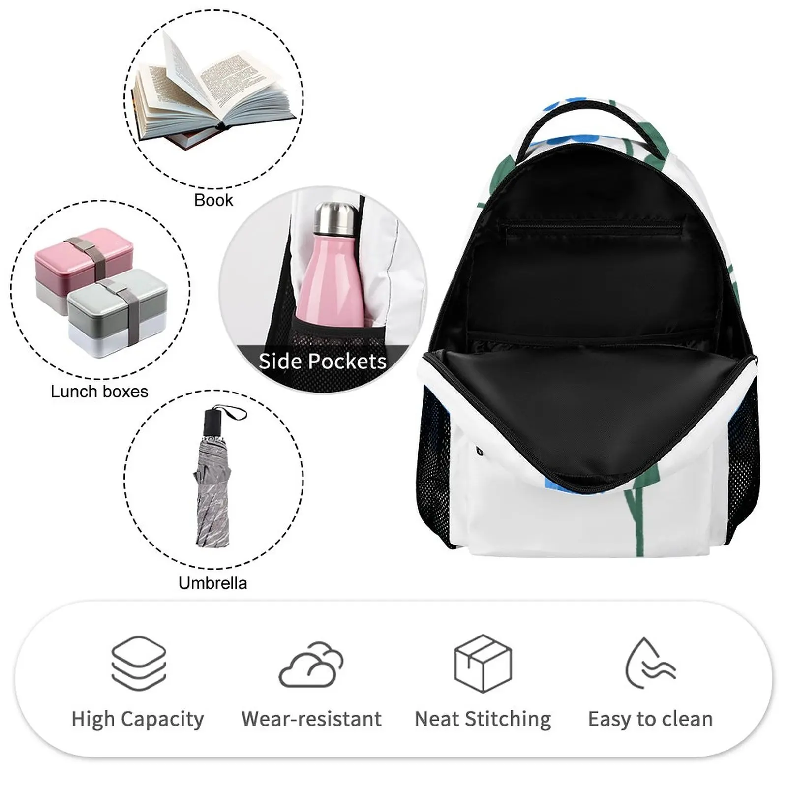 Customized Printed Blue Simple FlowersBackpack Student Backpack Lightweight Large Capacity Casual Cartoon Reading Books Bag