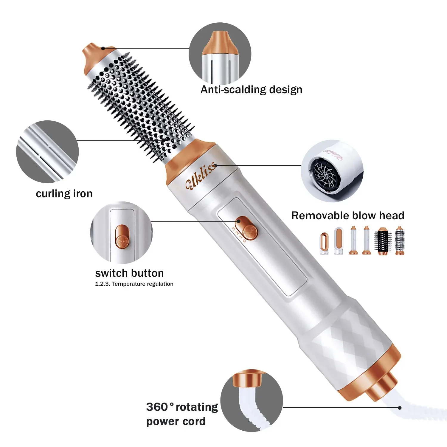 Description Picture 3 of item6in 1 Hair Dryer Hot Air Comb Set Professional Curling Brush Hair Styler Hair Dryer Brush Hair Straightener Styling Tool