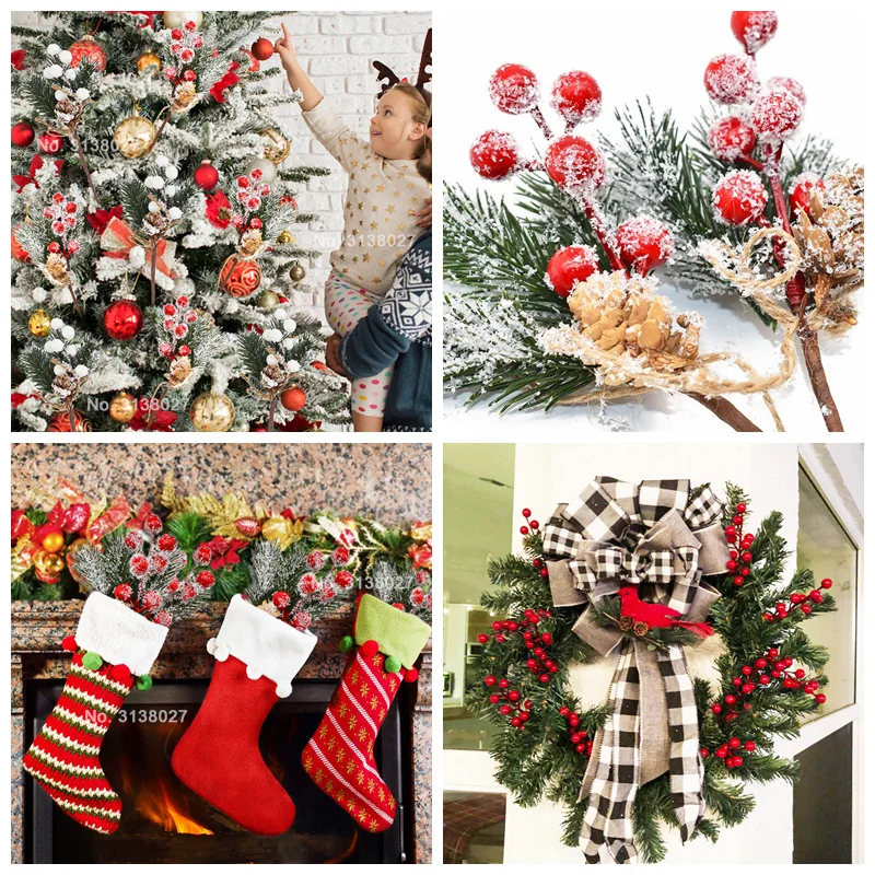 5Pcs Christmas Red Berry Articifial Flower Pine Cone Branch Christmas Tree Decorations Ornament Gift Packaging Home DIY Wreath images - 6
