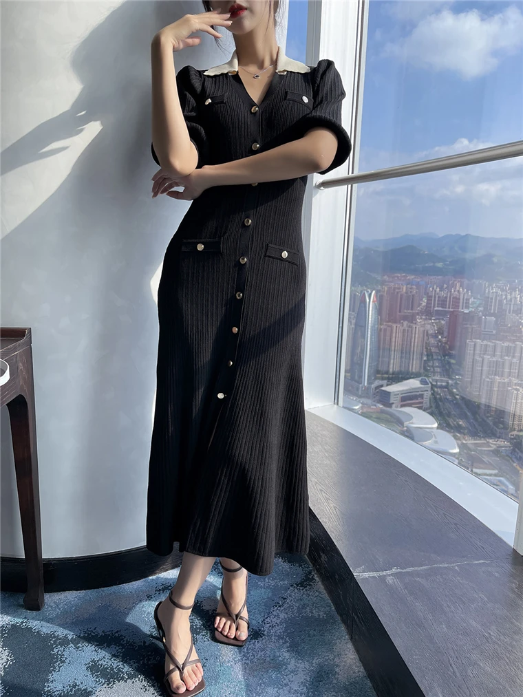 Autumn Elegant Knitted Dresses for Women Patchwork V-neck Puff Sleeve Single Breasted Midi Dress Fashion Ladies Vestidos Femme