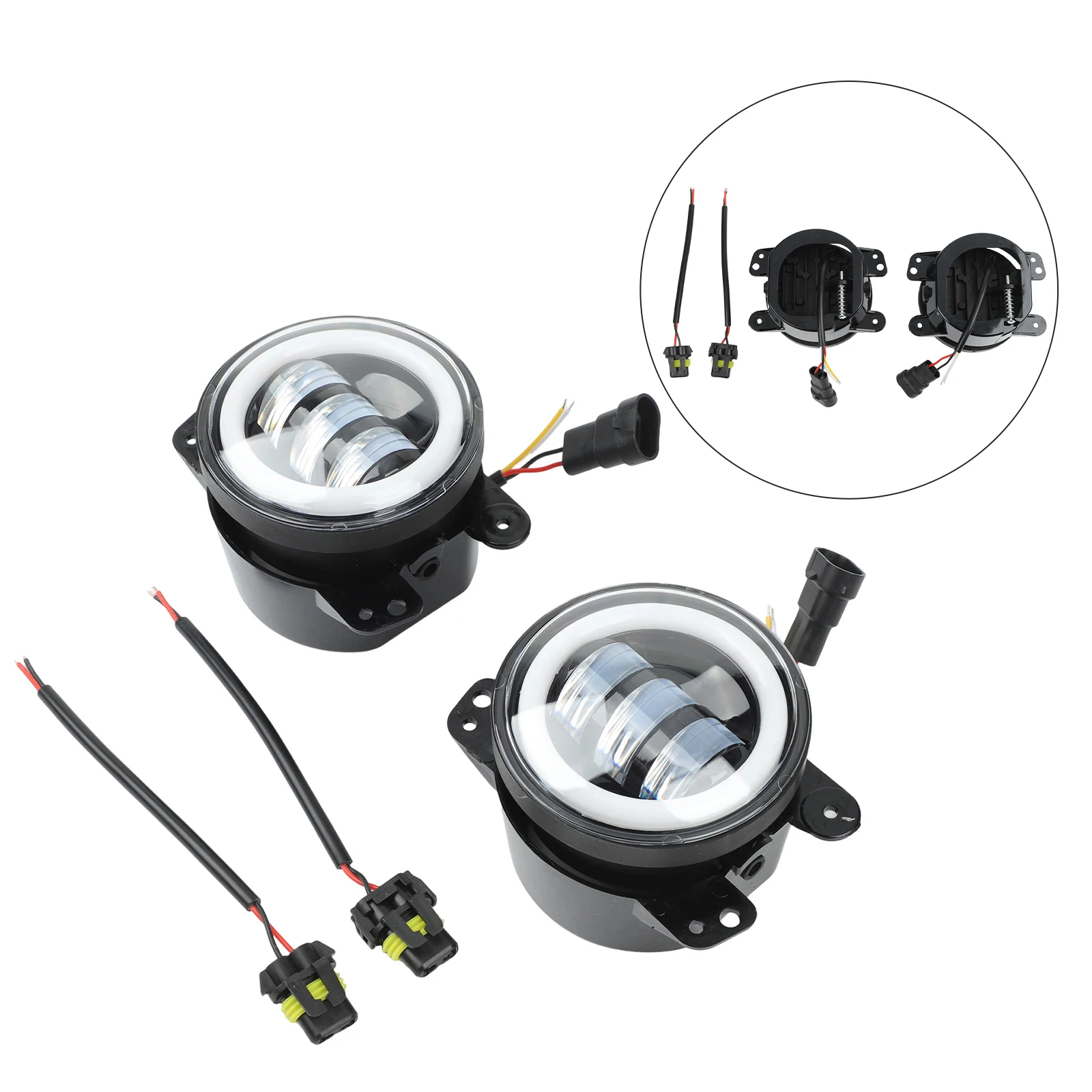 4인치 LED 안개등과 엔젤 아이 화이트 옐로우 링이 결합된 오프로드 차량 헤드라이트 주간 주행용 원형 LED 안개등