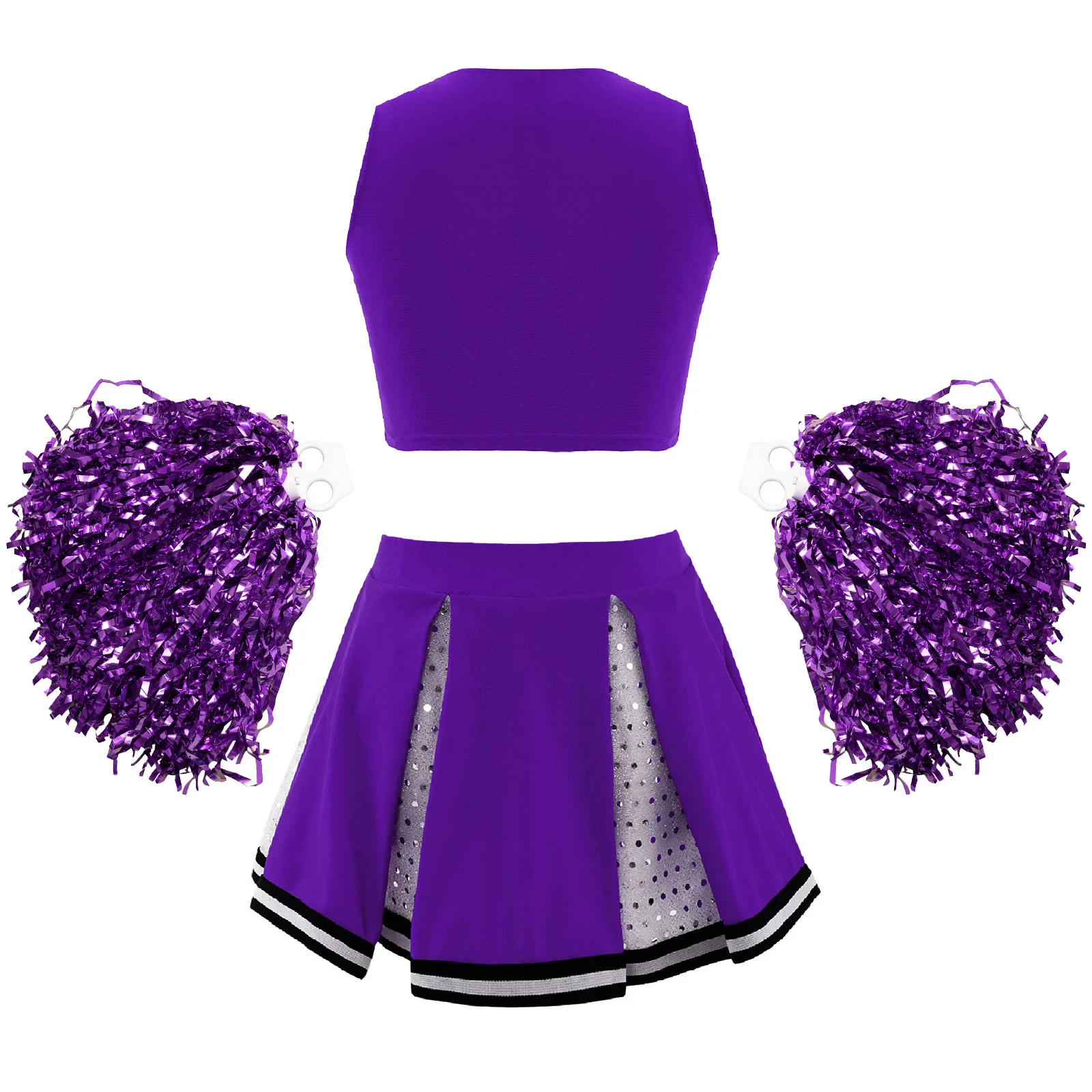 Kids Girls Cheerleading Uniform Dance Costume Striped Front V Neckline Top with Pleated Skirt and 2Pcs Flower Balls children cheerleading costumes