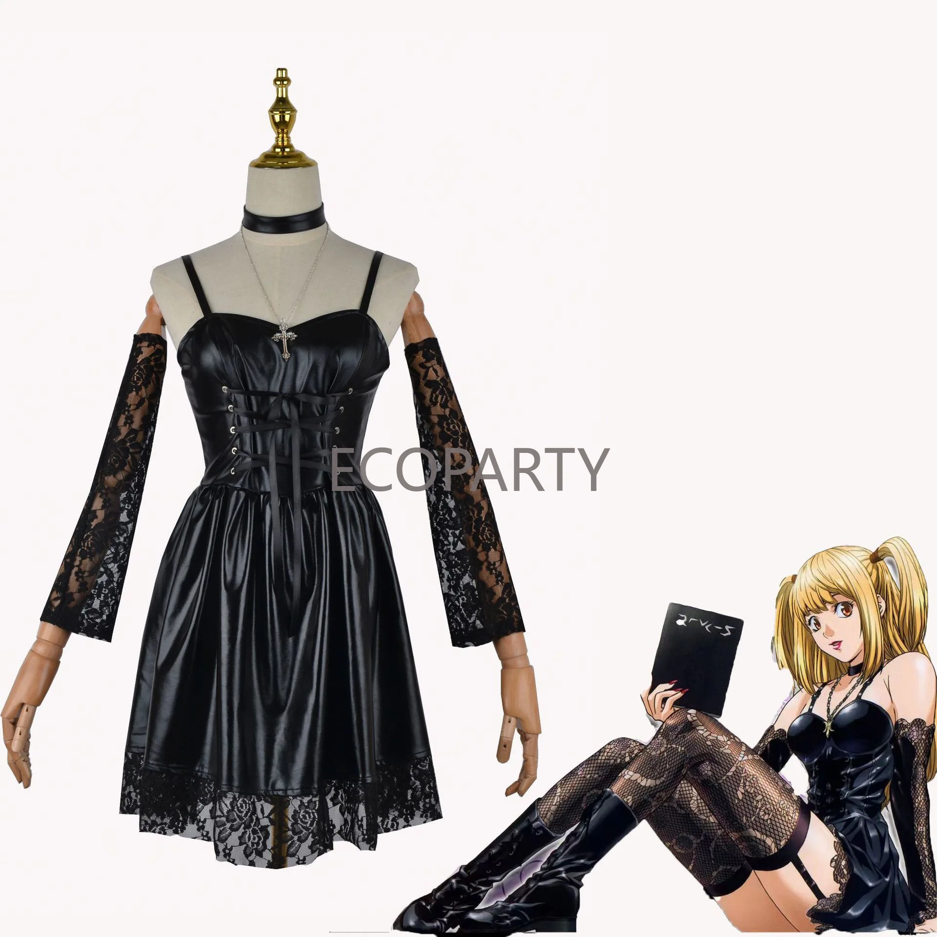 

Death Note Cosplay Costume Misa Amane Imitation Leather Sexy Dress +Neck jewelry+stockings+necklace Uniform Outfit Halloween Wig