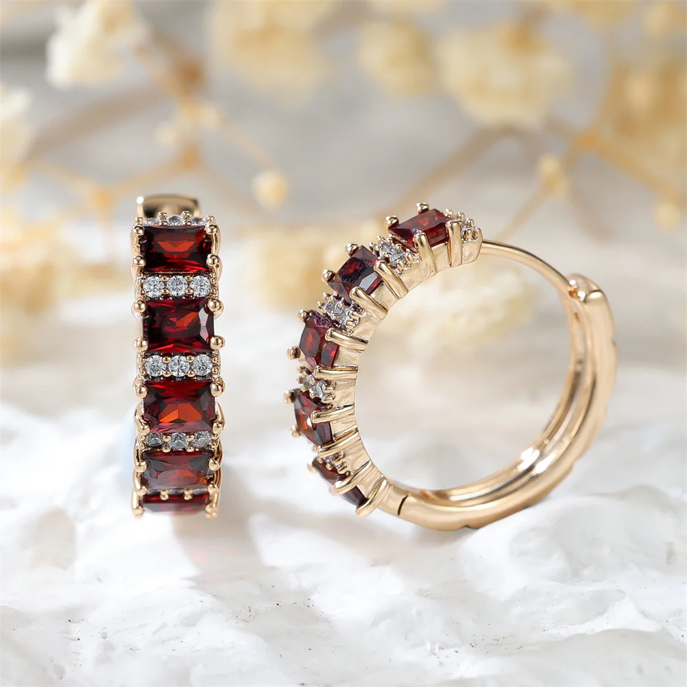 Red Crystal Square Stone Small Hoop Earrings For Women Vintage Gold Color Birthstone Ear Buckle Wedding Jewelry Versatile Gifts